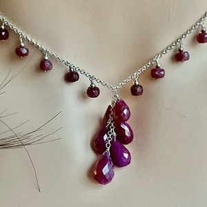 925 Silver Ruby tear drop briolettes dangle Earrings 1.75”and Necklace 18”set.